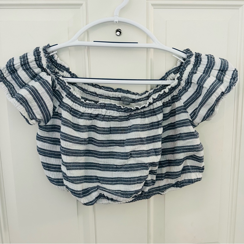 Aerie Crop Top S | Blue White Striped Off-Shoulder Elastic Hem